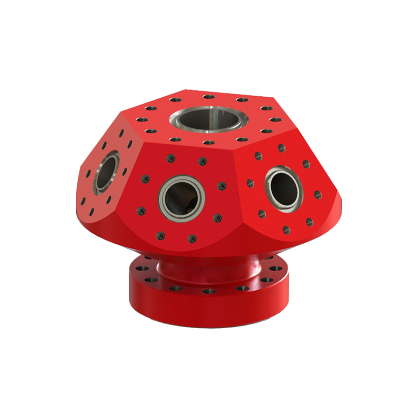 Multi-port frac head with multiple outlets for pressure pumping lines