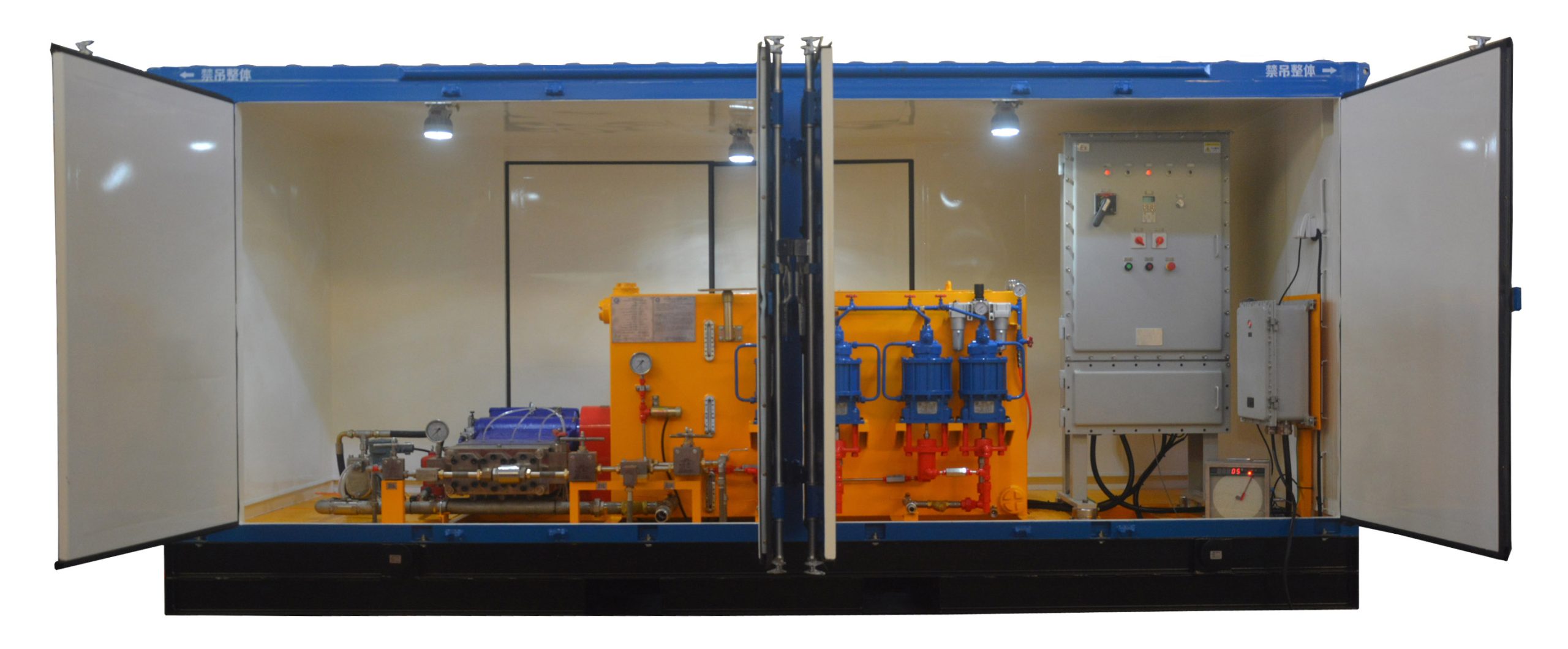 Skid-mounted High Pressure Test Unit performing hydrostatic testing on a BOP stack, wellhead, choke manifold and API valve with digital pressure recording.
